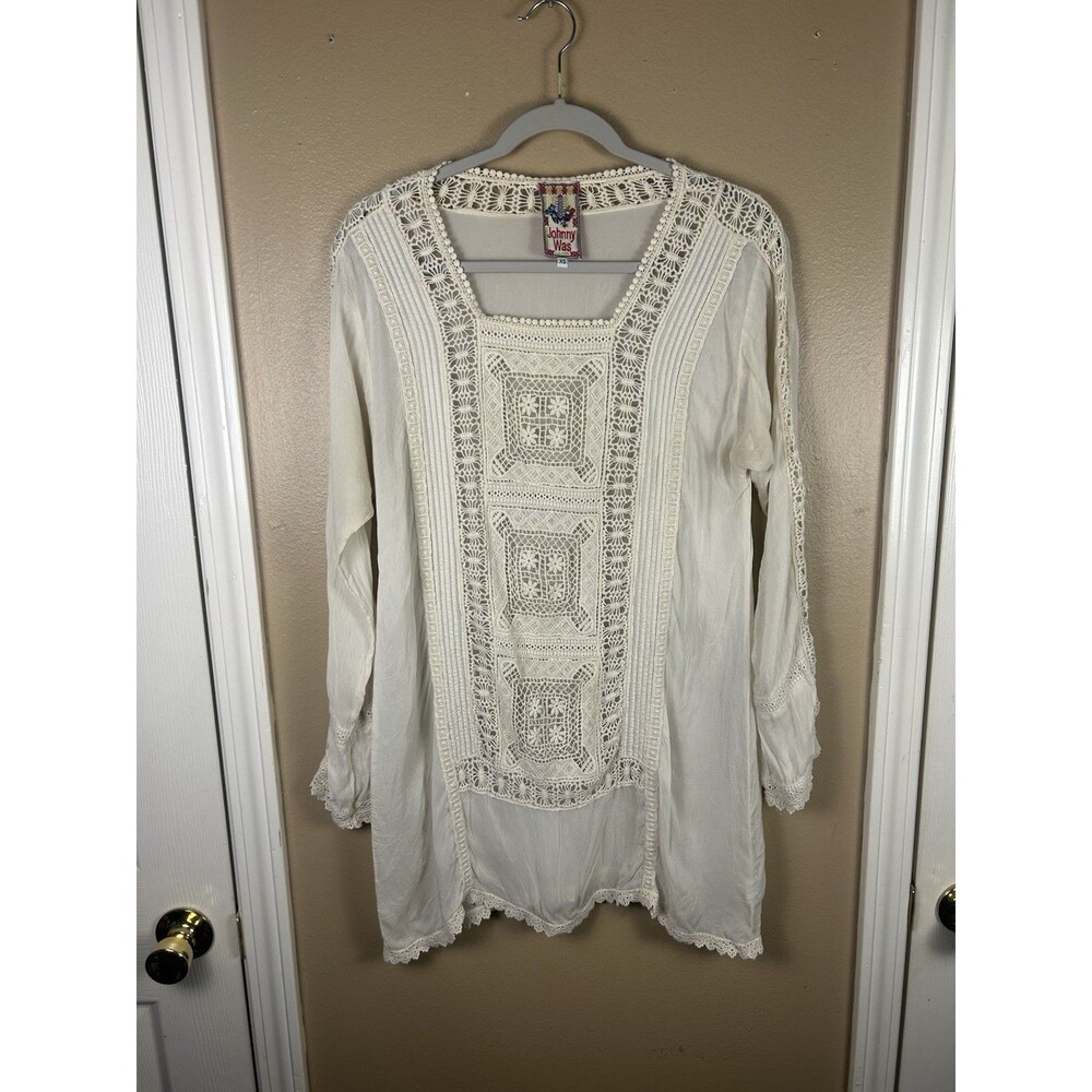 Johnny Was Blouse Tunic Women's Size XS White Embroidered Eyelet Sheer Boho